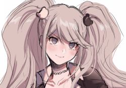 Rule 34 | 1girl, bear hair ornament, black choker, blue eyes, breasts, choker, collarbone, commentary, criis-chan, danganronpa: trigger happy havoc, danganronpa (series), english commentary, engrish commentary, enoshima junko, hair ornament, long hair, looking at viewer, portrait, sketch, smile, solo, twintails, unfinished