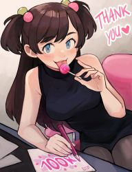 Rule 34 | 1girl, absurdres, bare shoulders, black dress, blue eyes, blush, breasts, brown hair, brown pantyhose, candy, chair, chio (sui (suizilla)), dress, fingernails, food, hair bobbles, hair ornament, highres, lollipop, long hair, looking at viewer, medium breasts, milestone celebration, nail polish, original, pantyhose, pink nails, short dress, smile, solo, sui (suizilla), thank you, two side up