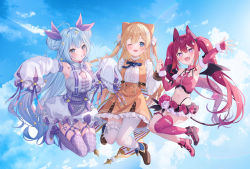 Rule 34 | + +, 3girls, :d, :o, ahoge, aimani (vtuber), animal ears, ankle boots, armpits, asymmetrical footwear, bat wings, black wings, blonde hair, blue dress, blue eyes, blue footwear, blue hair, blue ribbon, blue sky, blush, boots, breasts, brown dress, brown footwear, cat hair ornament, center frills, collar, copyright request, demon girl, demon tail, demon wings, detached collar, detached sleeves, double bun, dress, fake animal ears, fang, fingerless gloves, flower, fold-over boots, frilled collar, frilled dress, frilled shirt, frilled skirt, frills, full body, fur-trimmed gloves, fur-trimmed sleeves, fur trim, garter straps, gloves, hair between eyes, hair bun, hair ornament, hair ribbon, heart, heart tail, highres, holding hands, jimmy madomagi, jumping, long hair, long sleeves, looking at viewer, mel mellow, midriff, miniskirt, mismatched footwear, mizuboshi yamu, multiple girls, navel, neck ribbon, o-ring, o-ring thigh strap, one eye closed, open mouth, pink collar, pink flower, pink footwear, pink hair, pink legwear, pink sleeves, pleated dress, pleated skirt, pointy ears, puffy sleeves, purple eyes, purple legwear, purple ribbon, ribbon, shirt, sidelocks, single thighhigh, skirt, sky, sleeves past fingers, sleeves past wrists, small breasts, smile, sonobe maya, star-shaped pupils, star (symbol), star hair ornament, star print, symbol-shaped pupils, tail, tassel, thigh strap, thighhighs, twintails, two side up, very long hair, virtual youtuber, white flower, white legwear, white ribbon, white shirt, wings