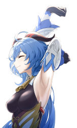Rule 34 | 1girl, ^ ^, absurdres, ahoge, armpits, arms up, bell, blue hair, breasts, closed eyes, cowbell, detached sleeves, closed eyes, from side, ganyu (genshin impact), genshin impact, gloves, highres, horns, medium breasts, momu (su), sideboob, simple background, sleeveless, smile, solo, stretching, upper body, white background