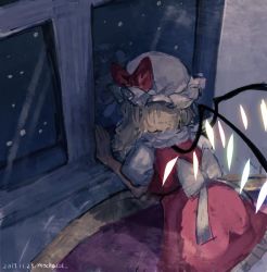 Rule 34 | 1girl, bad id, bad twitter id, blonde hair, bow, commentary request, crystal, dated, flandre scarlet, hand on window, hat, indoors, looking outside, mob cap, mochacot, reflection, short hair, smile, snow, solo, touhou, wings