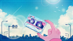 Rule 34 | blue sky, building, cassette tape, city, cityscape, cloud, contrail, cumulonimbus cloud, english text, hand focus, highres, holding, kirby, kirby&#039;s dream land, kirby (series), nintendo, outdoors, sky, wacca005
