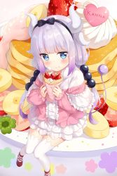 Rule 34 | 10s, 1girl, beads, black bow, black hairband, blouse, blue eyes, blunt bangs, bow, buttons, capelet, center frills, character name, closed mouth, crepe, cross-laced footwear, dragon girl, dragon horns, dress, eating, food, food on face, frilled capelet, frills, fruit, full body, gothic lolita, gradient hair, hair beads, hair bow, hair ornament, hairband, highres, hitsukuya, holding, holding food, horns, in food, kanna kamui, knees together feet apart, kobayashi-san chi no maidragon, light purple hair, lolita fashion, long hair, long sleeves, low twintails, microdress, mini person, minigirl, multicolored hair, pink footwear, plate, purple hair, shirt, shoes, sitting, solo, standing, strawberry, tail, thighhighs, twintails, white thighhighs