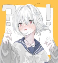 Rule 34 | !, 1girl, ?, @ @, accelerator (toaru majutsu no index), albino, androgynous, blue sailor collar, blush, border, bow, cardigan, collarbone, confused, electrodes, flower, grey sweater, hair flower, hair ornament, highres, light frown, looking to the side, nose blush, open cardigan, open clothes, open mouth, pale skin, pixie cut, portrait, red eyes, sailor collar, sanpaku, shirt, short hair, sidelocks, sketch, sleeves past wrists, solo, spoken exclamation mark, spoken question mark, suzushina yuriko, sweatdrop, sweater, toaru majutsu no index, very long sleeves, white background, white bow, white hair, white shirt, yellow border, yellowbanded or