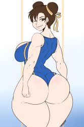 Rule 34 | 1girl, ass, bare shoulders, breasts, brown hair, capcom, chun-li, curvy, double bun, earrings, from behind, hair bun, highres, huge ass, jewelry, large breasts, looking at viewer, okioppai, one-piece swimsuit, one eye closed, short hair, sideboob, smile, solo, street fighter, swimsuit, thick thighs, thighs, wide hips, wink