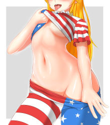 Rule 34 | 1girl, :d, american flag dress, american flag legwear, blonde hair, blush, breasts, chinese text, clothes lift, clothes pull, clownpiece, commentary request, cowboy shot, dress, dress lift, frilled shirt collar, frills, grey background, groin, head out of frame, highres, hip focus, lifting own clothes, long hair, md5 mismatch, midriff, navel, nekoda (maoda), no bra, no panties, open mouth, pantyhose, resolution mismatch, saliva, shiny skin, short sleeves, simple background, small breasts, smile, solo, source smaller, standing, stomach, striped clothes, striped pantyhose, thighs, tongue, tongue out, touhou, underboob, undressing