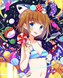 Rule 34 | 1girl, bad id, bad pixiv id, blue eyes, blush, breasts, brown hair, candy, candy cane, cleavage, food, holding, holding food, holding lollipop, lollipop, looking at viewer, navel, original, sakeharasu, short hair, signature, small breasts, smile, solo, tongue, upper body