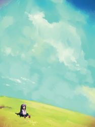 Rule 34 | 1girl, cloud, day, grass, highres, long hair, non-web source, original, scenery, sitting, sky, solo, tokiame
