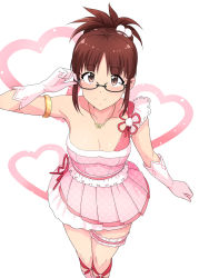 Rule 34 | 1girl, adjusting eyewear, akizuki ritsuko, armlet, bare legs, bare shoulders, blush, breasts, brown eyes, brown hair, bug, butterfly, cleavage, clenched hand, collarbone, dress, female focus, folded ponytail, frills, from above, glasses, gloves, hair bobbles, hair ornament, heart, heart background, highres, idolmaster, idolmaster (classic), insect, jewelry, legband, legs, legs together, looking at viewer, medium breasts, necklace, pendant, pink dress, pink gloves, revision, short hair, simple background, smile, solo, standing, thigh strap, thighs, tsurui