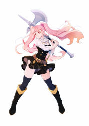 Rule 34 | 1girl, axe, belt, black footwear, blue thighhighs, blunt bangs, boots, breasts, dress, fire emblem, fire emblem: three houses, floating hair, full body, highres, hilda valentine goneril, long hair, lyra-kotto, medium breasts, nintendo, pink eyes, pink hair, shirt, short dress, short hair with long locks, simple background, sleeves rolled up, smile, solo, standing, thighhighs, thighs, twintails, very long hair, white background, zettai ryouiki