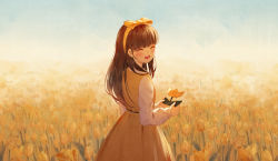 Rule 34 | 1girl, :d, ^ ^, blue sky, blush, bow, brown hair, closed eyes, commentary request, copyright request, day, devotion, dress, du meishin, facing viewer, field, flower, flower field, hair bow, hairband, holding, holding flower, ji dao ji, long hair, long sleeves, open mouth, outdoors, shirt, sky, sleeveless, sleeveless dress, smile, solo, tulip, white shirt, yellow bow, yellow dress, yellow flower, yellow hairband