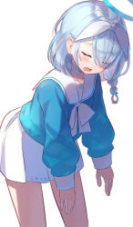 Rule 34 | 1girl, arona (blue archive), blue archive, blue hair, blue shirt, braid, closed eyes, commentary request, drooling, hair over one eye, hair ribbon, halo, highres, leaning forward, long hair, long sleeves, mouth drool, multicolored hair, open mouth, pink hair, playstation symbols, pleated skirt, puffy long sleeves, puffy sleeves, ribbon, sailor collar, shirt, simple background, single braid, skirt, solo, standing, streaked hair, takechii, white background, white ribbon, white sailor collar, white skirt