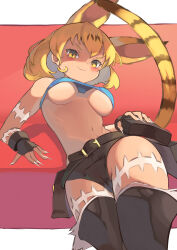 Rule 34 | 1girl, :3, absurdres, animal ears, bare shoulders, belt, belt pouch, black belt, black gloves, black leggings, blonde hair, blue shirt, blush, breasts, cat ears, cat tail, closed mouth, commentary, cosplay, crop top, detached leggings, extra ears, fingerless gloves, fingernails, gloves, hair between eyes, highres, kemono friends, leggings, long fingernails, looking at viewer, lying, medium breasts, midriff, ms. fortune (skullgirls), ms. fortune (skullgirls) (cosplay), navel, on back, on chair, osnmykk, pouch, scar, serval (kemono friends), shadow, sharp fingernails, shirt, short hair, simple background, skullgirls, sleeveless, sleeveless shirt, slit pupils, smile, solo, tail, underboob, upshirt, v-shaped eyebrows, white background, yellow eyes