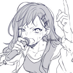 Rule 34 | 1girl, arm up, blush, collarbone, earrings, greyscale, hair ornament, hairclip, hand up, holding, holding microphone, jacket, jewelry, kuroi (liar-player), long hair, long sleeves, looking at viewer, microphone, monochrome, open clothes, open jacket, open mouth, project sekai, puffy long sleeves, puffy sleeves, shiraishi an, shirt, simple background, sketch, solo, star (symbol), star earrings, star hair ornament, sweat, twitter username, uneven eyes, white background