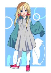 Rule 34 | 1girl, absurdres, blonde hair, blue background, blue eyes, bow, coat, commentary, contemporary, drawstring, grey coat, hair bow, highres, hood, hood down, looking at viewer, medium hair, moriya suwako, no headwear, no headwear, nora wanko, open mouth, outside border, pantyhose, raincoat, red bow, red footwear, shoes, sidelocks, sleeves past fingers, sleeves past wrists, smile, solo, standing, touhou, white pantyhose
