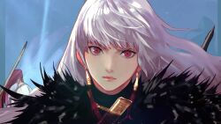 Rule 34 | angry, coat, dungeon and fighter, earrings, female slayer (dungeon and fighter), fur-trimmed coat, fur trim, grey hair, jewelry, long hair, looking at viewer, non-web source, official art, red eyes