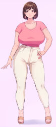 Rule 34 | 1girl, bangle, bracelet, breasts, brown hair, collarbone, earrings, full body, gluteal fold, hand on own hip, highres, jewelry, large breasts, looking at viewer, mature female, mole, mole under eye, original, pants, pink background, pink nails, pink shirt, plump, red eyes, renemu, ring, sandals, shirt, short hair, short sleeves, standing, toeless footwear, wedding ring, white pants