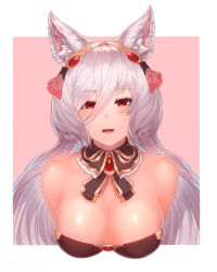 Rule 34 | 1girl, :d, animal ear fluff, animal ears, arms behind back, bad id, bad pixiv id, bare shoulders, breasts, brooch, cat ears, cat girl, cleavage, collarbone, detached collar, eyelashes, hair between eyes, hair over one eye, headgear, highres, jewelry, king&#039;s raid, kirze, large breasts, leaning forward, light blush, long hair, looking at viewer, open mouth, pink background, red eyes, silver hair, smile, solo, strapless, upper body, wing collar, yu mochi (kamiinu)