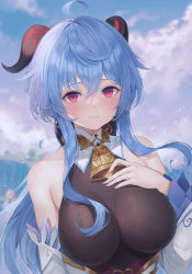 Rule 34 | 1girl, bare shoulders, blue hair, bodysuit, breasts, closed mouth, detached collar, ganyu (genshin impact), genshin impact, goat horns, highres, horns, large breasts, long hair, looking at viewer, md5 mismatch, me meel, purple eyes, resolution mismatch, smile, solo, source smaller, upper body