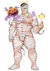 Rule 34 | 1boy, abs, alternate costume, bandage over one eye, bandages, bara, black hair, burnt, facial hair, frown, half-closed eyes, halo, large pectorals, male focus, manly, mature male, mummy costume, muscular, muscular male, naop (anything), nipples, official art, pectorals, pumpkin, smoke, solo, sparkle, spiked hair, stubble, thick arms, thick thighs, thighs, tight clothes, tokyo houkago summoners, transparent background, yellow eyes, zabaniyya (halloween) (housamo), zabaniyya (housamo)