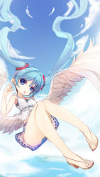 Rule 34 | 1girl, aqua hair, blue eyes, cloud, day, floating hair, hatsune miku, highres, if (asita), long hair, open mouth, sandals, skirt, sky, solo, tatapopo, twintails, very long hair, vocaloid, wings