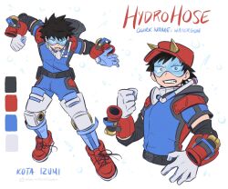 Rule 34 | 1boy, aged up, belt, black hair, blue-tinted eyewear, blue bodysuit, bodysuit, boku no hero academia, character name, clenched hand, clenched teeth, commentary, cropped torso, daniartonline, english commentary, english text, fake horns, full body, gloves, hat, highres, hood, hood down, horned hat, horned headwear, horns, izumi kouta, looking at viewer, male focus, multiple views, red footwear, red headwear, shoes, short hair, short sleeves, simple background, spiked hair, standing, teeth, tinted eyewear, upper body, white background, white gloves