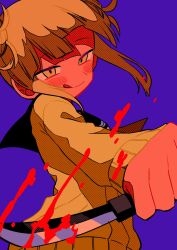 Rule 34 | 1girl, blood, bloody weapon, blue background, blush stickers, boku no hero academia, cardigan, double bun, hair bun, highres, holding, holding knife, knife, licking lips, long sleeves, menma (enaic31), messy hair, narrowed eyes, sailor collar, smile, solo, toga himiko, tongue, tongue out, weapon, yellow cardigan, yellow eyes