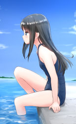 Rule 34 | 1girl, alternate costume, asashio (kancolle), black hair, blue eyes, blue one-piece swimsuit, day, from side, highres, kantai collection, long hair, looking to the side, one-piece swimsuit, retsumaru, school swimsuit, sitting, soaking feet, solo, swimsuit