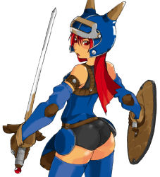 Rule 34 | 1girl, armor, ass, blue armor, daisy (dq), dragon quest, dragon quest yuusha abel densetsu, gloves, gluteal fold, helmet, red eyes, red hair, shield, solo, square enix, sword, weapon