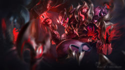Rule 34 | 1boy, 1other, armor, blade, blurry, blurry foreground, facing another, from side, glowing, glowing eyes, helm, helmet, highres, league of legends, open mouth, red eyes, red theme, sharp teeth, shoulder armor, tagme, teeth, weapon, wutu (1183238220), zed (league of legends)