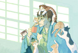 Rule 34 | 1boy, :&lt;, animal, animal on head, animal on shoulder, azuma kiyohiko, blanket, brown eyes, brown hair, cat, cat on head, cat on shoulder, closed mouth, collarbone, colored sclera, cup, end card, from side, holding, holding cup, long sleeves, looking to the side, looking up, mug, non-web source, on head, pajamas, sangatsu no lion, shimada kai, short hair, sitting, too many, too many cats, triangle mouth, yellow sclera, | |
