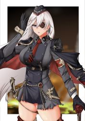 Rule 34 | 1girl, adjusting eyepatch, azur lane, bad id, bad twitter id, black gloves, black hat, blue eyes, breasts, cleavage, cross, eyepatch, gloves, hair between eyes, hat, high heels, highres, iron cross, large breasts, long hair, looking at viewer, military, one eye covered, open mouth, scharnhorst (azur lane), scharnhorst (meta) (azur lane), simple background, takeshiki no hirata, thighhighs, transparent background, uniform, very long hair, weapon, white hair