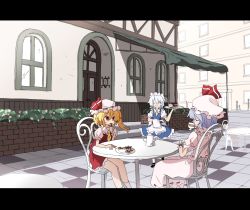 Rule 34 | 3girls, ascot, bad id, bad pixiv id, brick wall, cafe, cake, cake slice, chair, checkerboard cookie, chocolate cake, cookie, cup, drinking, eating, closed eyes, female focus, flandre scarlet, flower, food, fruit, hat, izayoi sakuya, kuromari (runia), letterboxed, maid, maid headdress, multiple girls, open mouth, outdoors, pavement, plate, puffy short sleeves, puffy sleeves, red eyes, remilia scarlet, shoes, short hair, short sleeves, silver hair, sitting, socks, strawberry, strawberry shortcake, table, teacup, teapot, touhou, tray