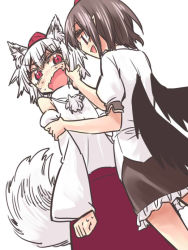 Rule 34 | 2girls, animal ears, arm grab, black hair, blush, hand on another&#039;s face, hat, hikawa shou, inubashiri momiji, multiple girls, open mouth, pointy ears, pom pom (clothes), red eyes, shameimaru aya, simple background, skirt, sweat, tail, touhou, white background, white hair, wings, wolf ears, yuri