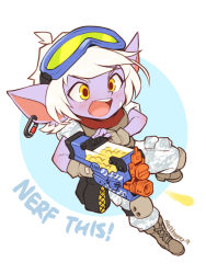 Rule 34 | !, 1girl, alternate costume, blush, english text, full body, gun, highres, league of legends, nestkeeper, open mouth, red scarf, scarf, short hair, simple background, solo, text focus, tristana, weapon, white background, white hair, yellow eyes, yordle