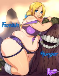 Rule 34 | 1girl, agawa ryou, artist name, blonde hair, blue eyes, borrowed character, breasts, character name, earrings, fat, huge breasts, jewelry, obese, thick thighs, thighs