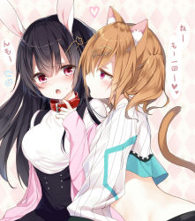 Rule 34 | 2girls, :o, animal ears, argyle, argyle background, argyle clothes, black hair, black vest, blush, breasts, brown hair, cat ears, cat girl, cat tail, collar, commentary request, crop top, crop top overhang, emia (castilla), fang, flying sweatdrops, groin, hair ornament, hand up, heart, highres, jacket, large breasts, long hair, long sleeves, looking at viewer, midriff, multiple girls, off shoulder, open clothes, open jacket, open mouth, original, pink jacket, profile, purple eyes, rabbit ears, red eyes, shirt, sitting, sleeves past wrists, stomach, striped clothes, striped shirt, sweat, tail, twintails, vest, white shirt, yuri