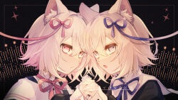 Rule 34 | 2girls, animal ear fluff, animal ears, black background, black shirt, blonde hair, blue ribbon, cat ears, cat girl, closed mouth, coefont, collared shirt, commentary request, dual persona, expressionless, face-to-face, from side, grey eyes, hair ribbon, half-closed eyes, highres, indie virtual youtuber, looking at viewer, looking to the side, multiple girls, neck ribbon, open mouth, pink eyes, pink hair, pink ribbon, portrait, ribbon, sayo (voicevox), sayonaka (vtuber), shiraume (hakubaian), shirt, short hair, sleeve cuffs, sparkle, virtual youtuber, voicevox