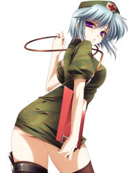 Rule 34 | 1girl, ass, black thighhighs, clipboard, flat ass, grey hair, hat, highres, monety, nurse, original, purple eyes, short hair, simple background, solo, stethoscope, thighhighs, white background