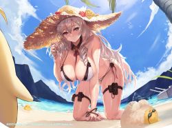 Rule 34 | 1girl, algerie (azur lane), algerie (white sand paradise) (azur lane), algerie (white sand paradise) (azur lane), all fours, alternate costume, azur lane, beach, bikini, bird, black bikini, blue sky, blush, breasts, chick, cleavage, closed mouth, copyright name, covered erect nipples, day, detached collar, flower, frilled bikini, frills, goggles, hand up, hanging breasts, hat, hat flower, large breasts, lens flare, long hair, looking at viewer, manjuu (azur lane), mole, mole on breast, mole under eye, multiple views, nail polish, neck ribbon, ocean, official alternate costume, official art, open mouth, outdoors, palm tree, parted lips, purple eyes, red flower, red nails, red ribbon, ribbon, silver hair, sky, smile, straw hat, swimsuit, thighs, tree, very long hair, vichya dominion (emblem), water, wet, white bikini, yellow flower, yoshiku (oden-usagi)
