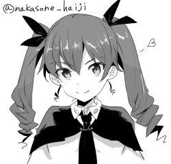 Rule 34 | 10s, 1girl, anchovy (girls und panzer), anzio school uniform, bad id, bad twitter id, cape, closed mouth, commentary request, dress shirt, drill hair, girls und panzer, greyscale, hair ribbon, heart, long hair, long sleeves, looking at viewer, monochrome, nakasone haiji, necktie, one-hour drawing challenge, portrait, ribbon, school uniform, shirt, sketch, smile, solo, twin drills, twintails, twitter username