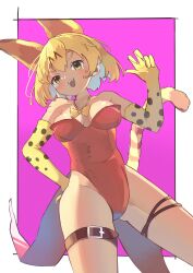 Rule 34 | 1girl, :3, :d, absurdres, animal ears, bare shoulders, belt, blonde hair, blush, border, bow, bowtie, breasts, cat ears, cat tail, cleavage, coattails, commentary, cowboy shot, elbow gloves, fangs, fingernails, gloves, hair between eyes, hand on own hip, hand up, highres, kemono friends, kittysuit, leotard, looking at viewer, loose bowtie, medium breasts, nontraditional playboy bunny, open mouth, osnmykk, playboy bunny, print gloves, purple background, red leotard, serval (kemono friends), serval print, sharp fingernails, short hair, simple background, slit pupils, smile, solo, standing, strapless, strapless leotard, striped tail, tail, thigh belt, thigh strap, white border, yellow bow, yellow bowtie, yellow eyes, yellow tail