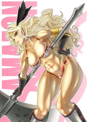 Rule 34 | 1girl, amazon (dragon&#039;s crown), armband, armor, axe, blonde hair, boots, breasts, cleavage, dragon&#039;s crown, green eyes, halberd, large breasts, long hair, muscular, navel, open mouth, pierre norano, polearm, solo, vanillaware, weapon