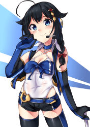 Rule 34 | 1girl, ahoge, alternate costume, asake ameji, black hair, black shorts, blue eyes, braid, breasts, cleavage, commentary request, cowboy shot, elbow gloves, gloves, hair flaps, hair ornament, hair over shoulder, headphones, headset, kantai collection, leotard, looking at viewer, microphone, multicolored clothes, multicolored gloves, multicolored legwear, race queen, shigure (kancolle), shigure kai ni (kancolle), short shorts, shorts, single braid, small breasts, solo, standing, thighhighs, two-tone background, two-tone gloves, white background, white leotard