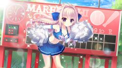 Rule 34 | 1girl, ahoge, analog clock, armpits, bare shoulders, blonde hair, blue bow, blue eyes, blue skirt, blue sky, bow, braid, breasts, cheerleader, cleavage, clock, cloud, collarbone, day, dot nose, dutch angle, elbow gloves, fence, film grain, game cg, gloves, group name, hair bow, hair intakes, hand on own hip, izumi tsubasu, large breasts, leaning forward, lens flare, long braid, long hair, midriff, miniskirt, navel, non-web source, official art, outdoors, pole, pom pom (cheerleading), re:stage!, scoreboard, shiratori amaha (re:stage!), single braid, skirt, sky, smile, solo, sparkle, sunlight, tree, white gloves