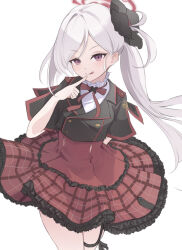Rule 34 | 1girl, black scrunchie, black shirt, blue archive, commentary, frilled skirt, frills, grey hair, hair ornament, hair scrunchie, halo, highres, long hair, meiso 0343, mutsuki (blue archive), purple eyes, red halo, red ribbon, red skirt, ribbon, scrunchie, shirt, short sleeves, side ponytail, simple background, skirt, solo, white background