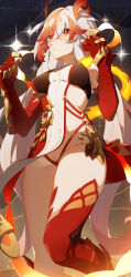 Rule 34 | 1girl, absurdres, animal hands, bare shoulders, black sports bra, bottomless, breasts, chinese clothes, claws, closed mouth, commentary request, cowboy shot, detached sleeves, dress, elbow gloves, eyeliner, fire, fu hua, fu hua (garuda), gloves, hair between eyes, hands up, highres, honkai (series), honkai impact 3rd, jinjide shaonian, long hair, looking at viewer, low-tied long hair, low twintails, makeup, medium breasts, midriff, multicolored hair, red eyeliner, red eyes, red gloves, red hair, red rope, red scales, rope, sparkle, sports bra, sportswear, standing, streaked hair, symbol-shaped pupils, thighs, translation request, twintails, two-tone hair, very long hair, white hair, yellow pupils