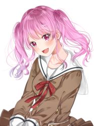 Rule 34 | 1girl, :d, bad id, bad twitter id, bang dream!, blush, brown dress, buttons, double-breasted, dress, hanasakigawa school uniform, ito22oji, long hair, long sleeves, looking at viewer, maruyama aya, neck ribbon, open mouth, pink eyes, pink hair, red ribbon, ribbon, sailor dress, school uniform, sidelocks, simple background, smile, solo, twintails, upper body, white background