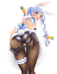 Rule 34 | 1girl, animal ear fluff, animal ears, ass, black gloves, black pantyhose, blue hair, blush, braid, breasts, bridal garter, carrot hair ornament, food-themed hair ornament, from behind, from below, gloves, hair ornament, highres, hololive, leotard, long braid, long hair, looking at viewer, looking back, multicolored hair, noumin, open mouth, pantyhose, playboy bunny, rabbit ears, rabbit girl, rabbit tail, red eyes, small breasts, solo, tail, twin braids, two-tone hair, usada pekora, usada pekora (1st costume), virtual youtuber, white background, white hair