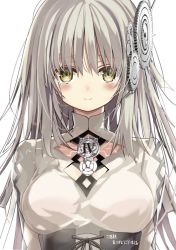 Rule 34 | 10s, 1girl, arms at sides, blush, breasts, clockwork planet, closed mouth, corset, hair ornament, long hair, looking at viewer, medium breasts, ryuzu (clockwork planet), shino (eefy), silver hair, smile, solo, upper body, yellow eyes